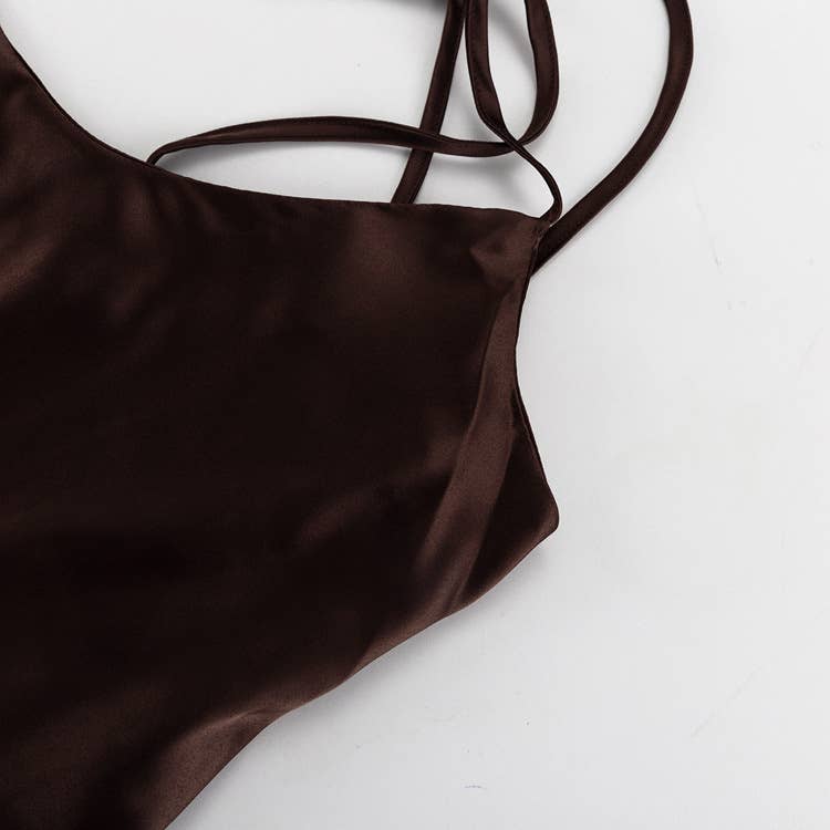 Brown open back sexy slip maxi dress with bow tie straps for wholesale on Faire6