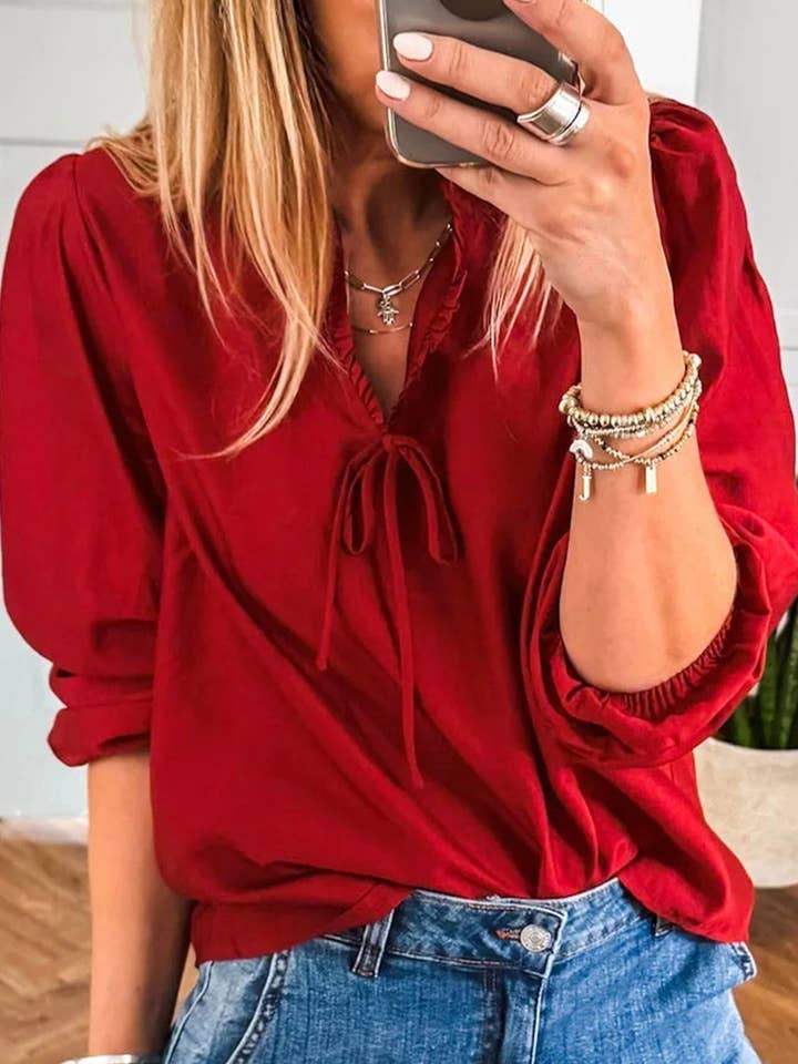 Fiery Red Solid Color Frilled V Neck Bow Detail 3/4 Sleeve Blouse for wholesale by Lovesoft
