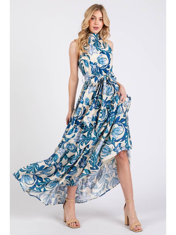 B I G H I T Fashion - Wholesale Dress - Women's - Floral Print Halter Neck Tiered Maxi Dress HD2970-BLUE