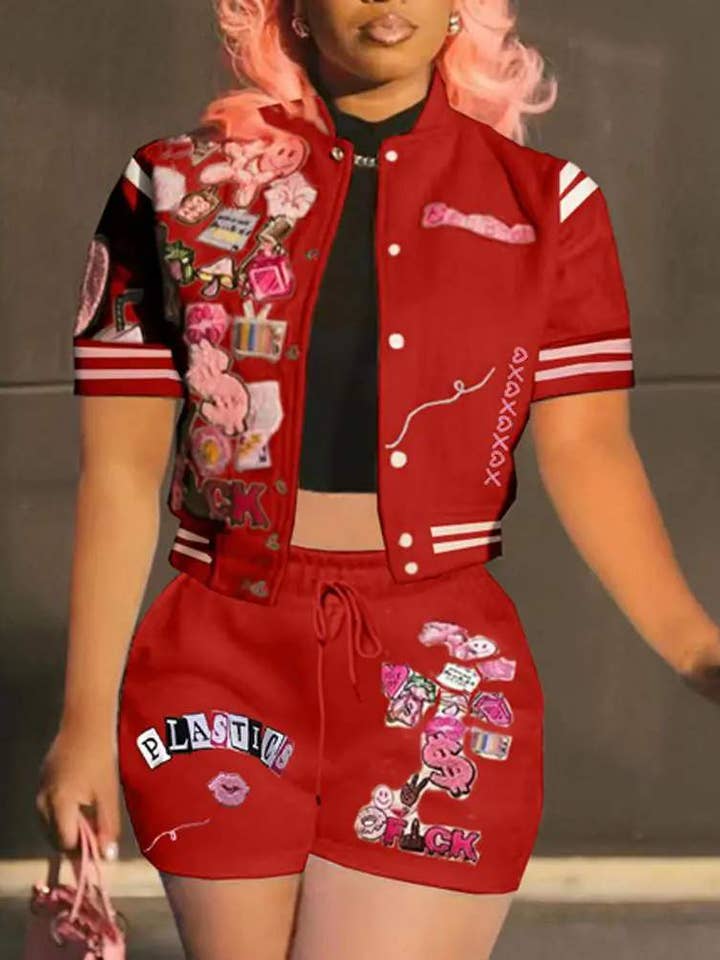 Flarix - Wholesale Top & Short Set (NOT Loungewear) - Women's - letter graphic pattern baseball top shorts set