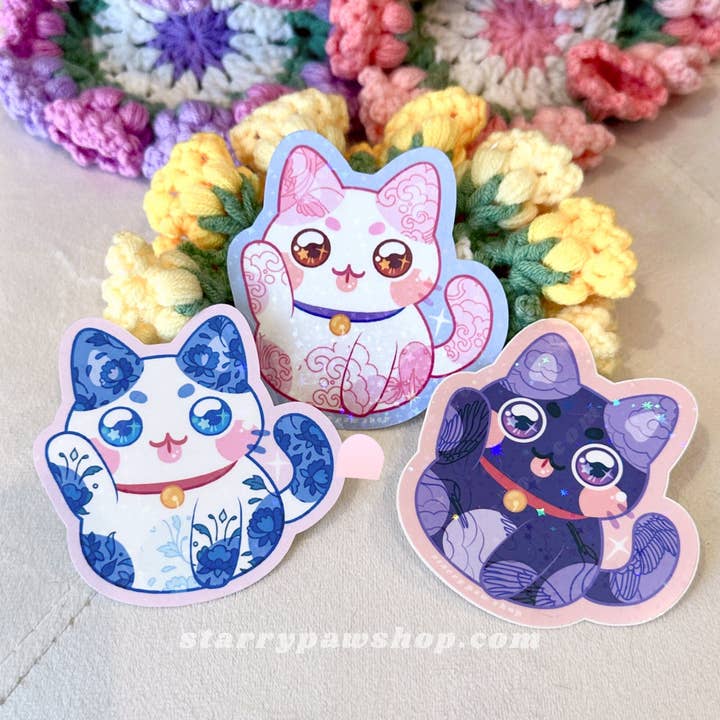 Starry Paw Shop – wholesale Sticker – Lucky Cat Porcelain Sticker 3" Sparkly Holo water resistant