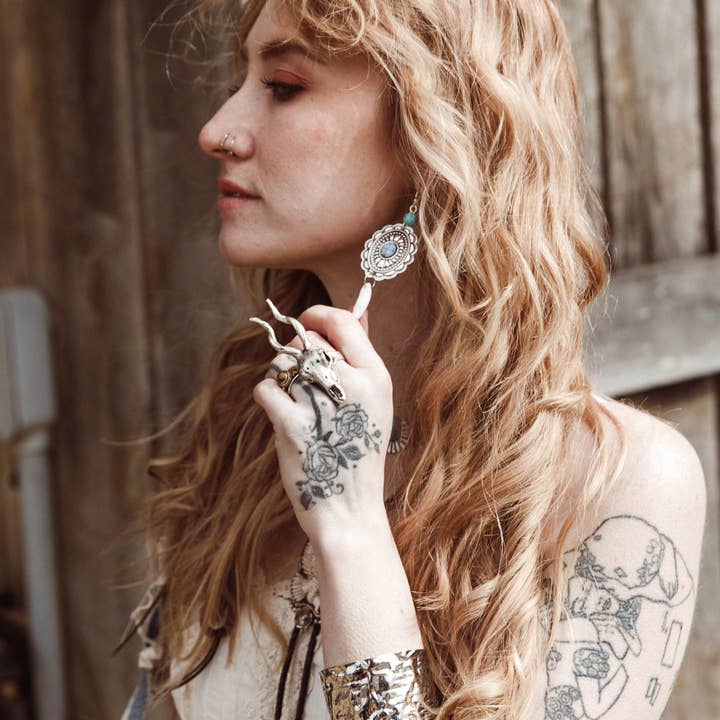 Modern Myth Jewelry - Wholesale Dangle Earrings - Concho +coyote teeth earrings AS SEEN ON LAINEY WILSON1