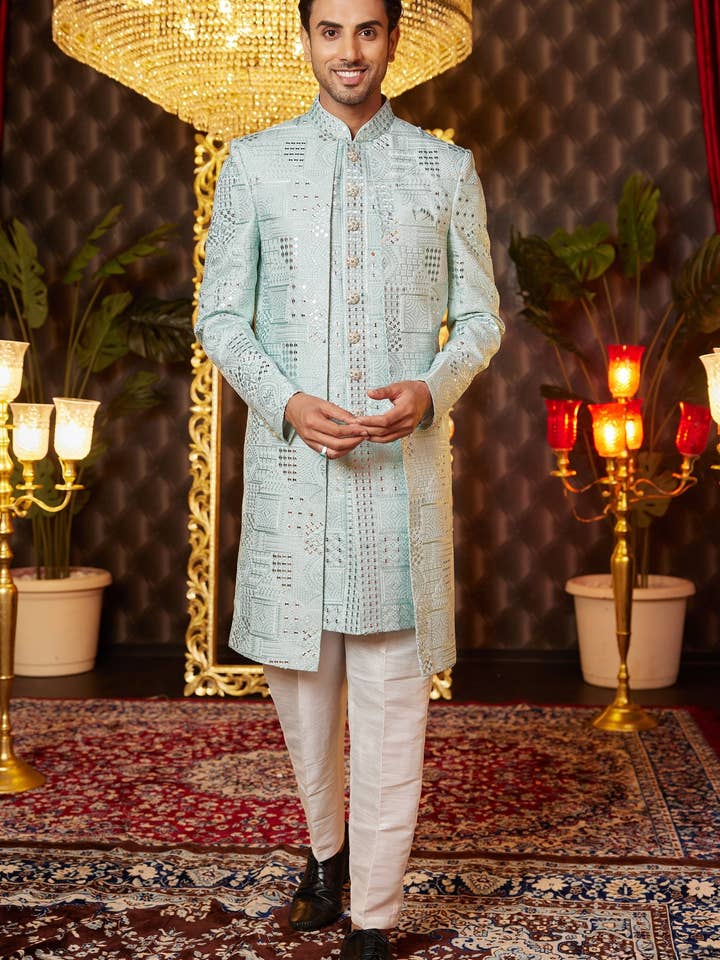 Light Green Art Silk Traditional Indo Western Sherwani Long Kurta & Pant for Men for Wedding - Embroidery Work for wholesale by HATKE BRIDE