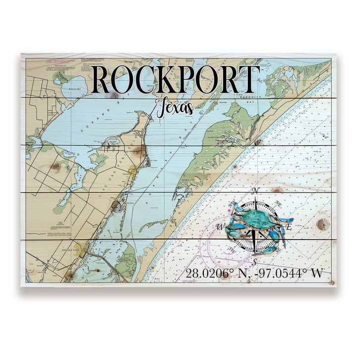 Rockport, TX 18x24 Wood Pallet Map-Blue Crab for wholesale by Map Mom