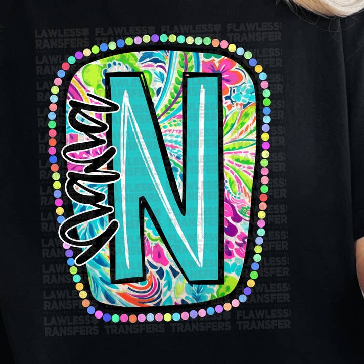 Nana Kritzelbrief Helles Paisley Blumen DTF Transfer für den Großhandel von Flawless Transfers