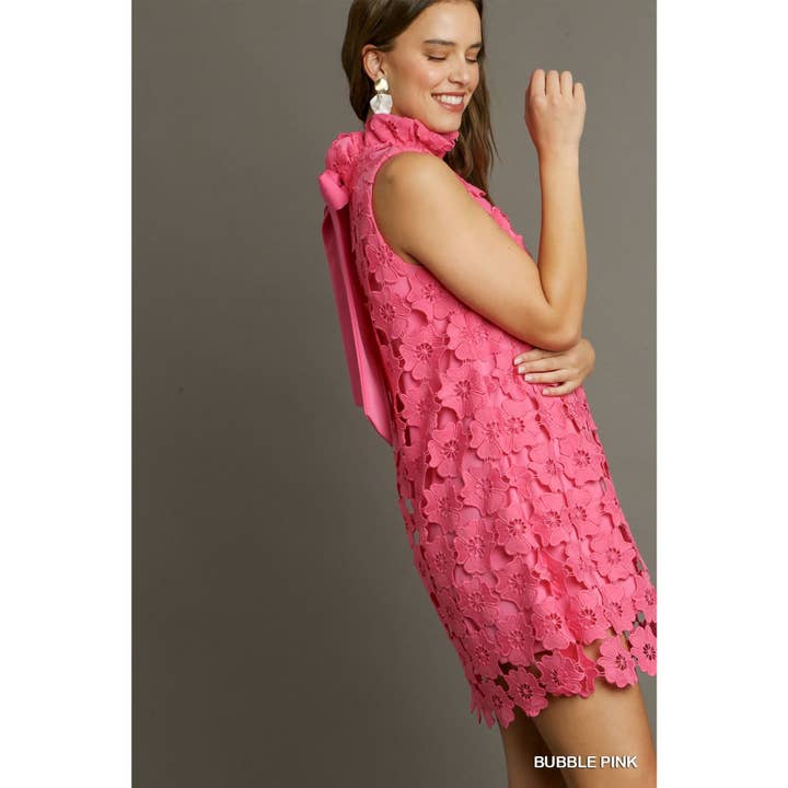 BNS - Wholesale Dress - Women's - Floral Lace High Neck Sleeveless Dress w_Bow Tie