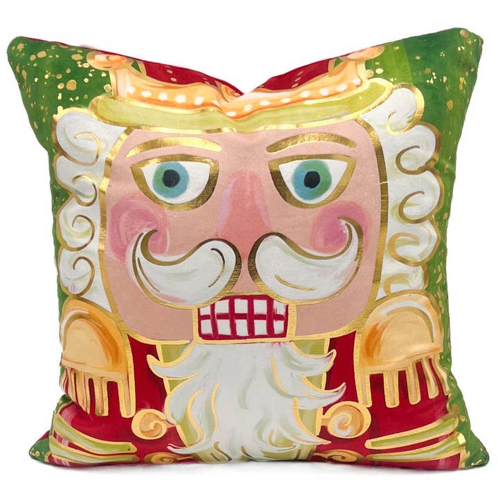 Rachel Brooks Design, LLC - Wholesale Throw/Decorative Pillow - Gold Foil Mr. Nutcracker Red and Green Pillow