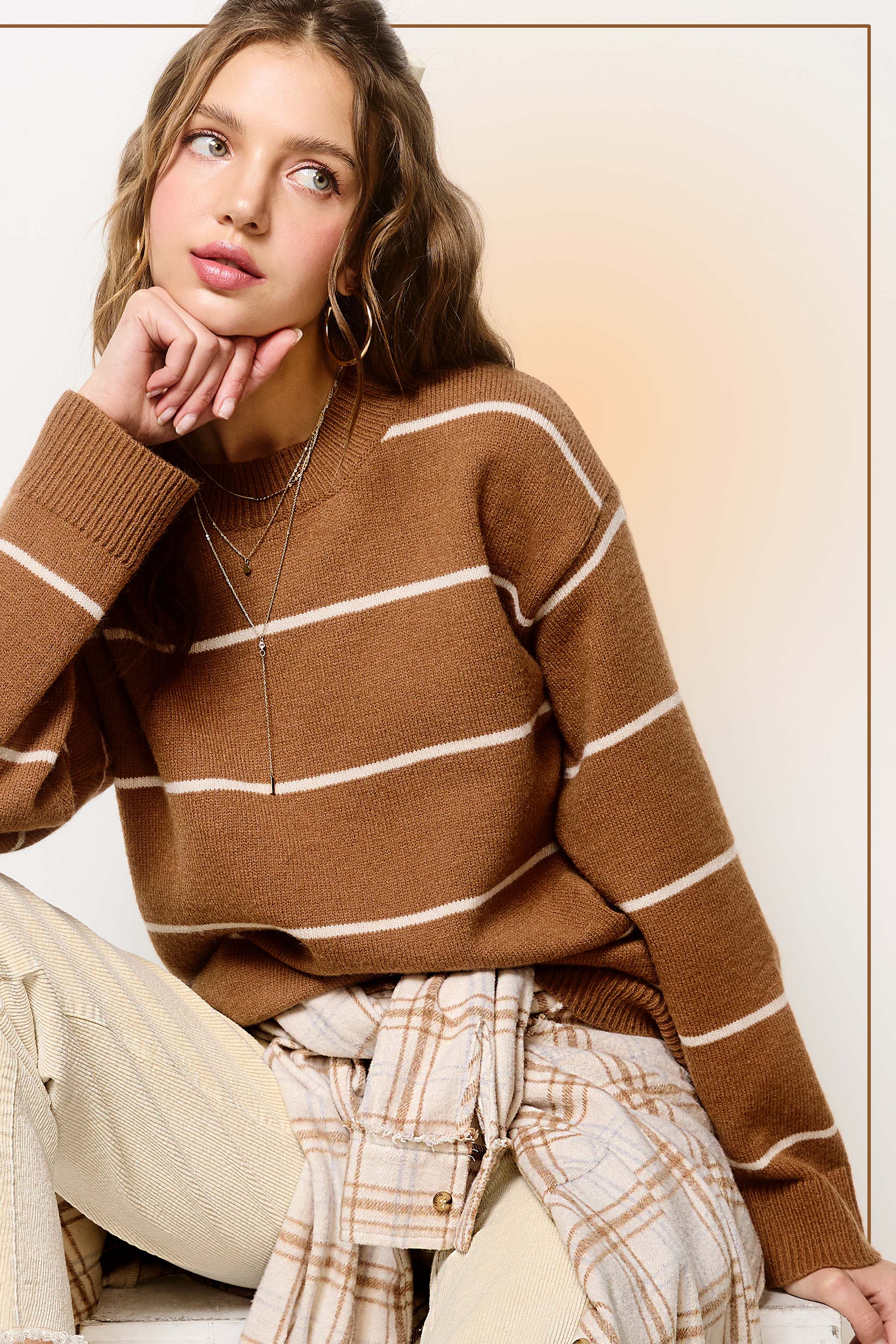 La Miel - Wholesale Knit Sweater - Women's - HCS3553-Loose Fit Stripe Long Sleeve Crewneck Sweater6