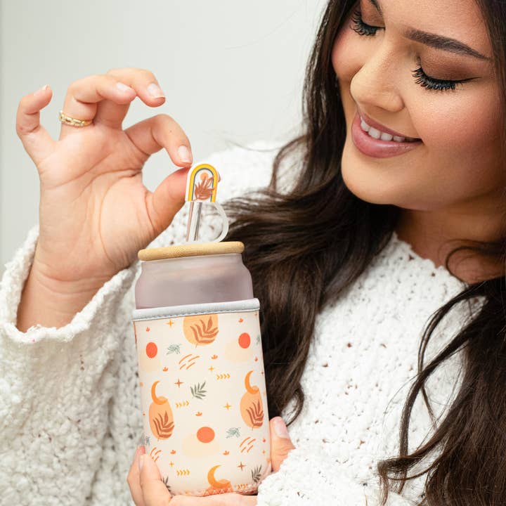 The Love Crate Co. - Wholesale Drinking Glass/Cup - Boho Gifts for Women - Cute Design Glass Cup with Lid and Straw, Customized Stopper and Insulated Koozie for Iced Coffee and Smoothies. Giftable Unique Tumbler Cups for Women2