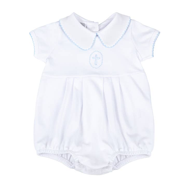 Blessed Embroidered Collared Bubble - Blue for wholesale by Magnolia Baby