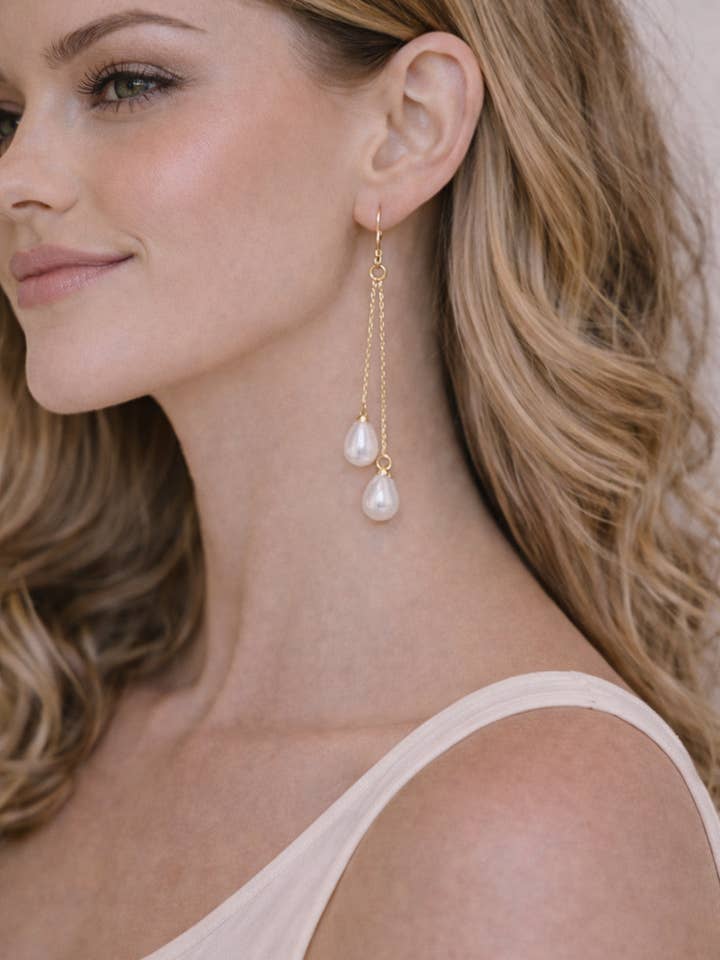Imitation Pearl Double Dangle Chain Earrings for wholesale by Baubles by B