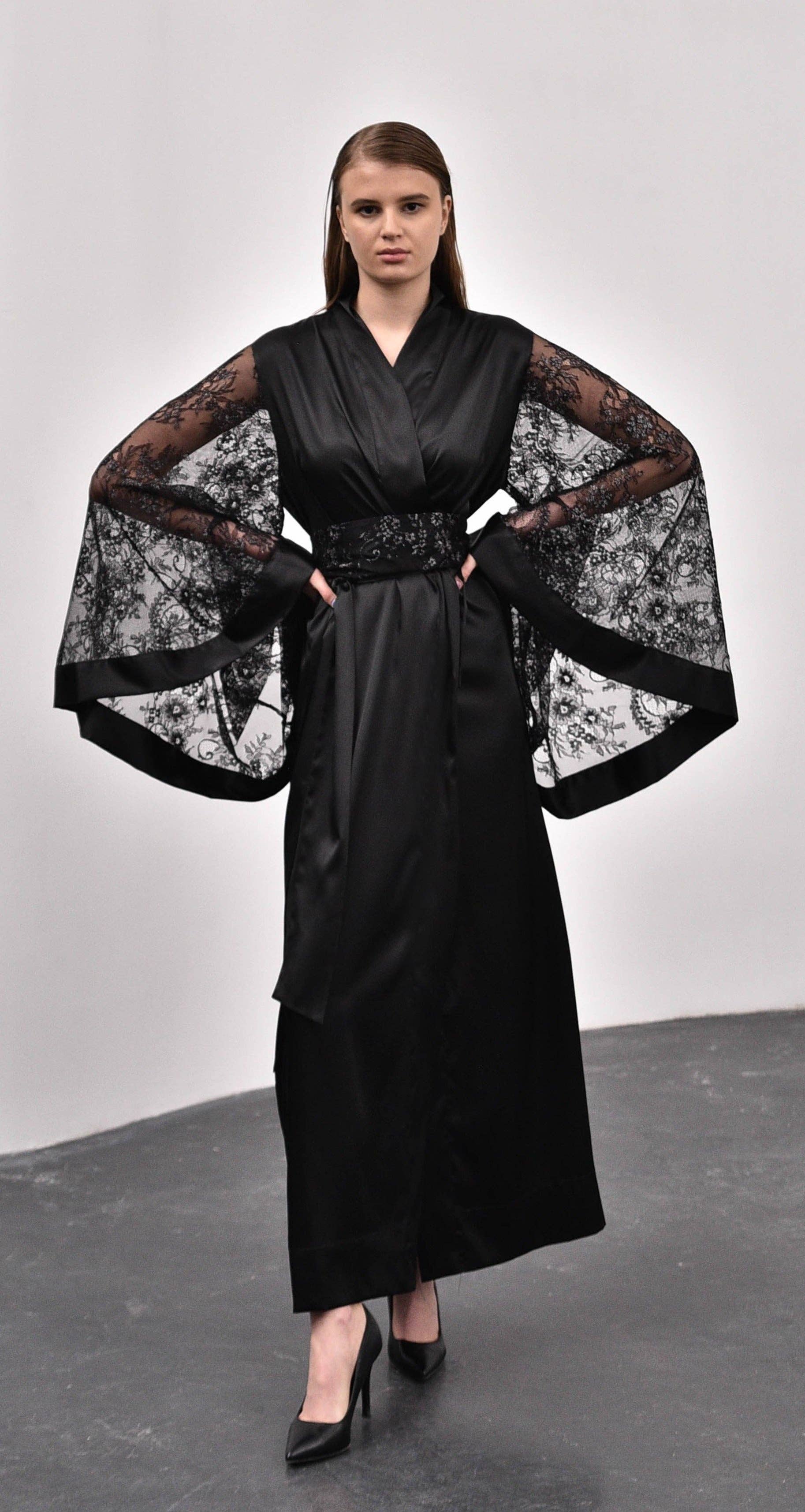 Seduced Black Silky Lace Kimono Robe for wholesale on Faire2