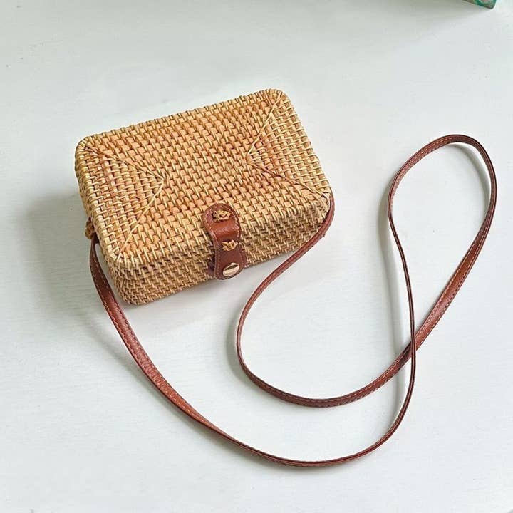 Plain Rectangular Rattan Woven Shoulder Bag in Natural for wholesale by PEACH ACCESSORIES