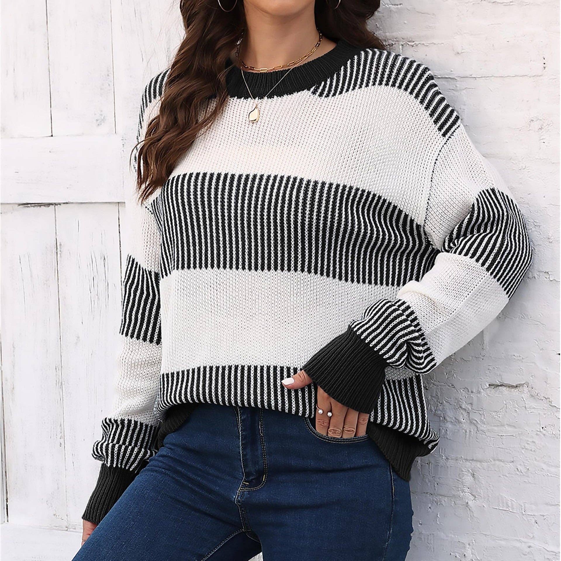 Suhkasana - Wholesale Knit Sweater - Women's - Plus Size Colorblock Striped Sweater | Cozy Fall/Winter Knit24