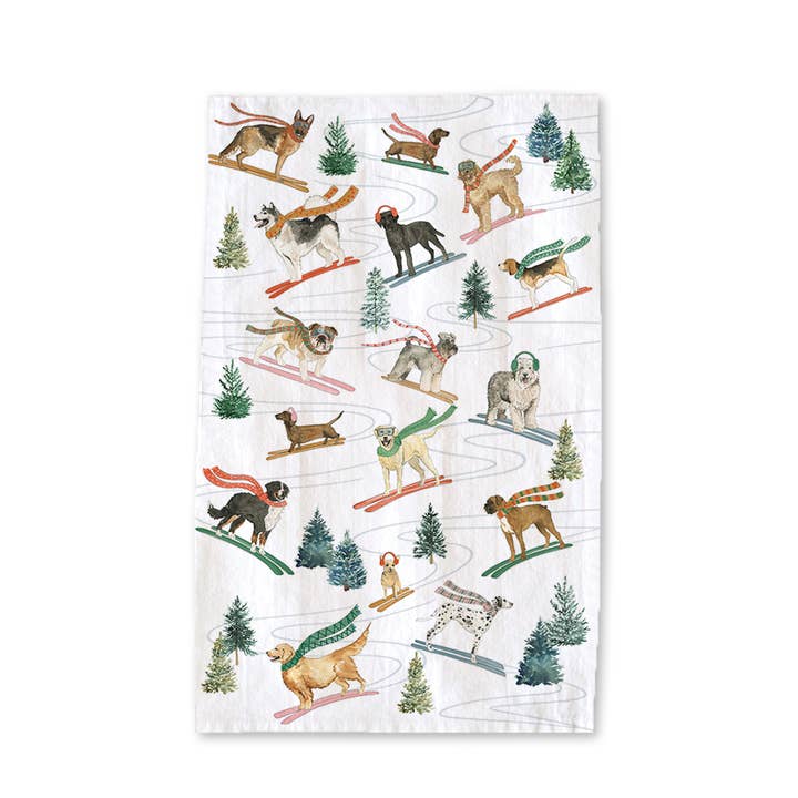 KelseyMDesigns - Wholesale Tea Towel - Holiday Ski Dogs Kitchen Towel - Winter Tea Towel 1