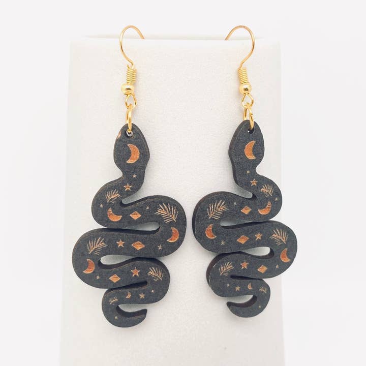 Mysterious Black Star Moon Snake Wooden Earrings - GT/MS for wholesale by Mio Queena