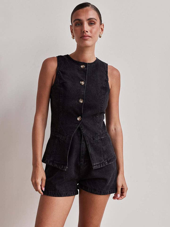 Sleeveless High-Waist Denim Shorts Set for wholesale by Aria Romance