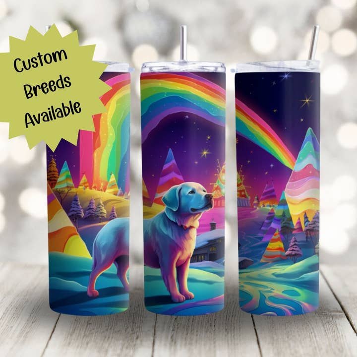 Gobelet de 20 oz en acier inoxydable inspiré de l'arc-en-ciel inspiré de la race de chien de Noël coloré des années 90, tasse de voyage isotherme pour les fêtes pour la vente par SoCal Creative