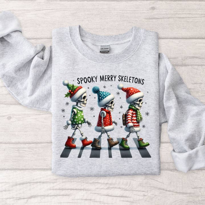 Spooky Merry Skeletons Christmas Sweatshirt for wholesale by Londas Tees and Tumblers