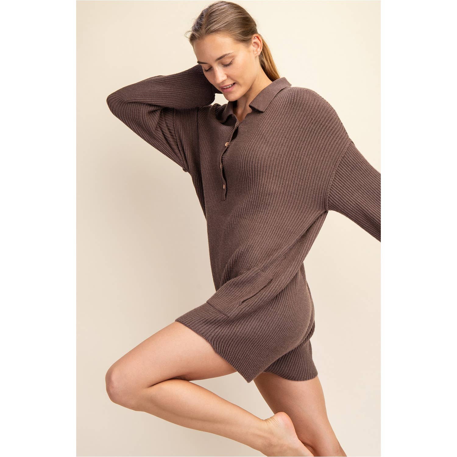 Apolline - Wholesale Romper - Women's - Long Sleeve Ribbed Knit Sweater Romper with Pockets9