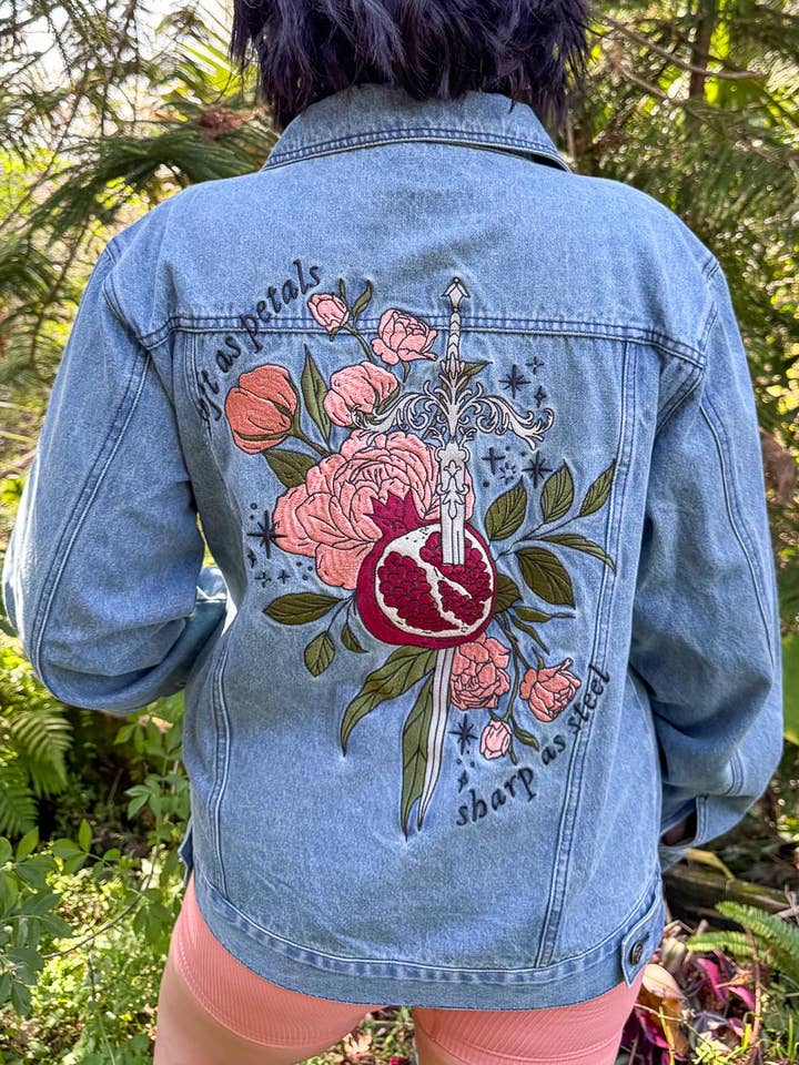 Soft as Petals Embroidered Denim Jacket for wholesale by Blissfully Bookish Company