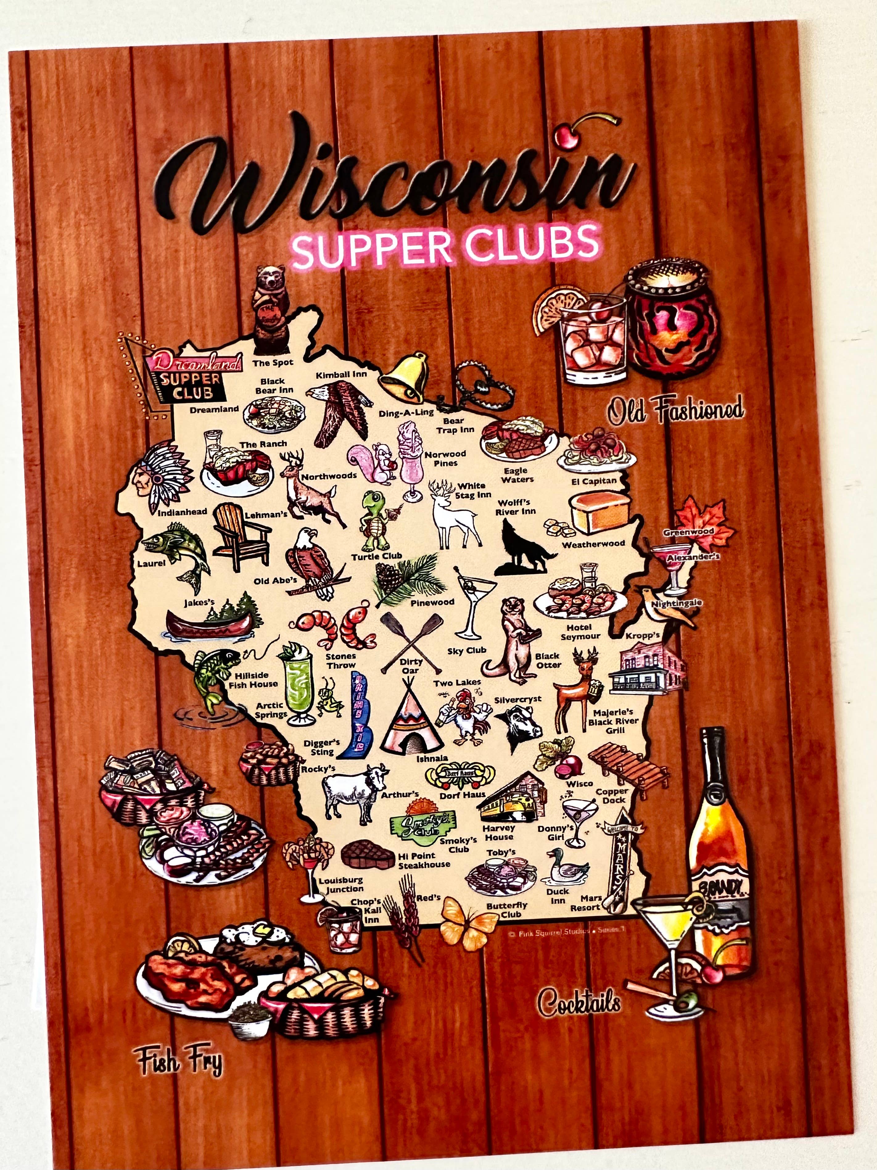 Pink Squirrel Studios – wholesale Map – Wisconsin Supper Club Map - 5X7