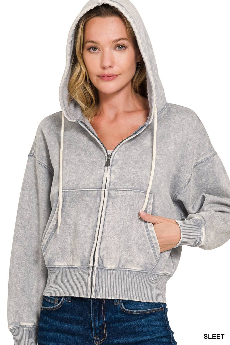42POPS - Vente Sweat à capuche – femme - ..SI-25313 Sweat à capuche zippé court en molleton délavé à l'acide7