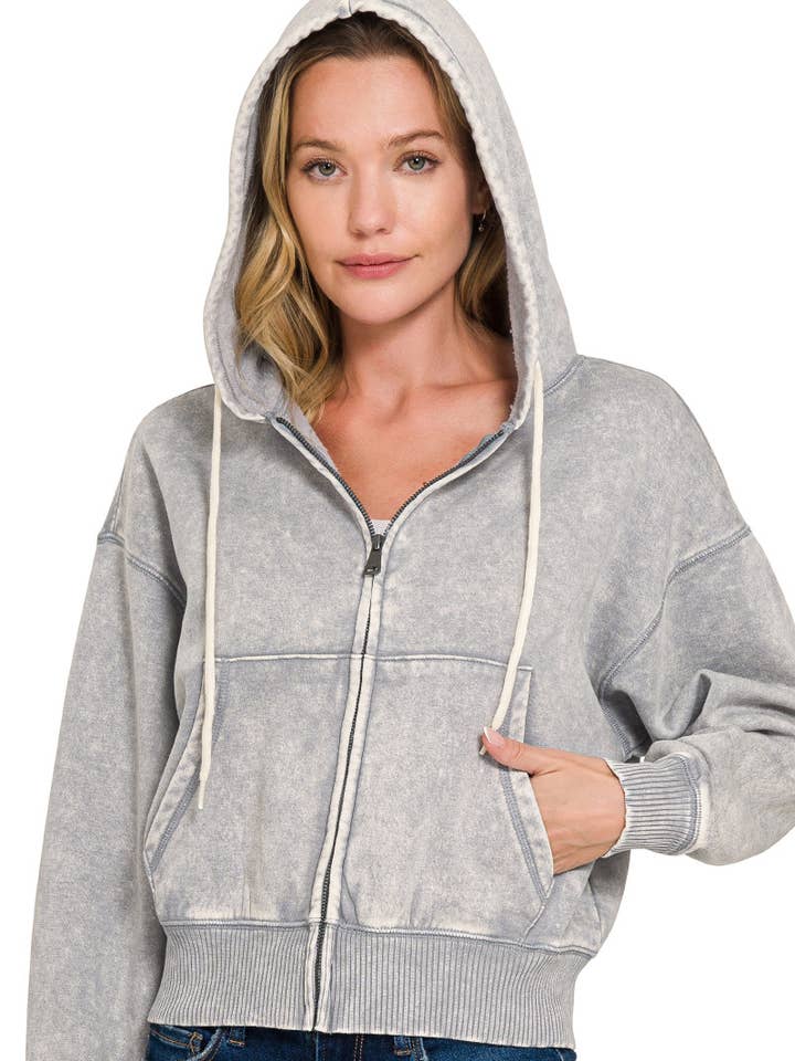 .0815 Säurewasch-Fleece-Kapuzenjacke mit Reißverschluss und verkürztem Schnitt SI-25313 für den Großhandel von 42POPS