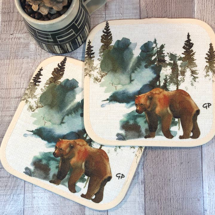 Grizzly Bear wildlife art fabric linen Pot holder for wholesale by GP Originals