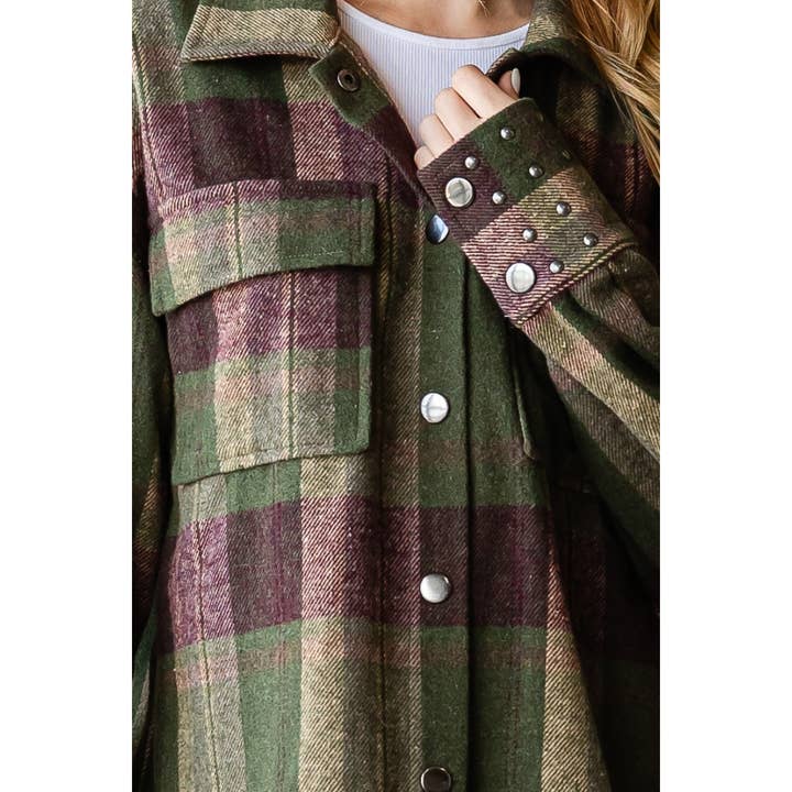 Veveret – wholesale Shirt Jacket/Shacket - Women’s – Plaid Stud Cuff Shirt Jacket