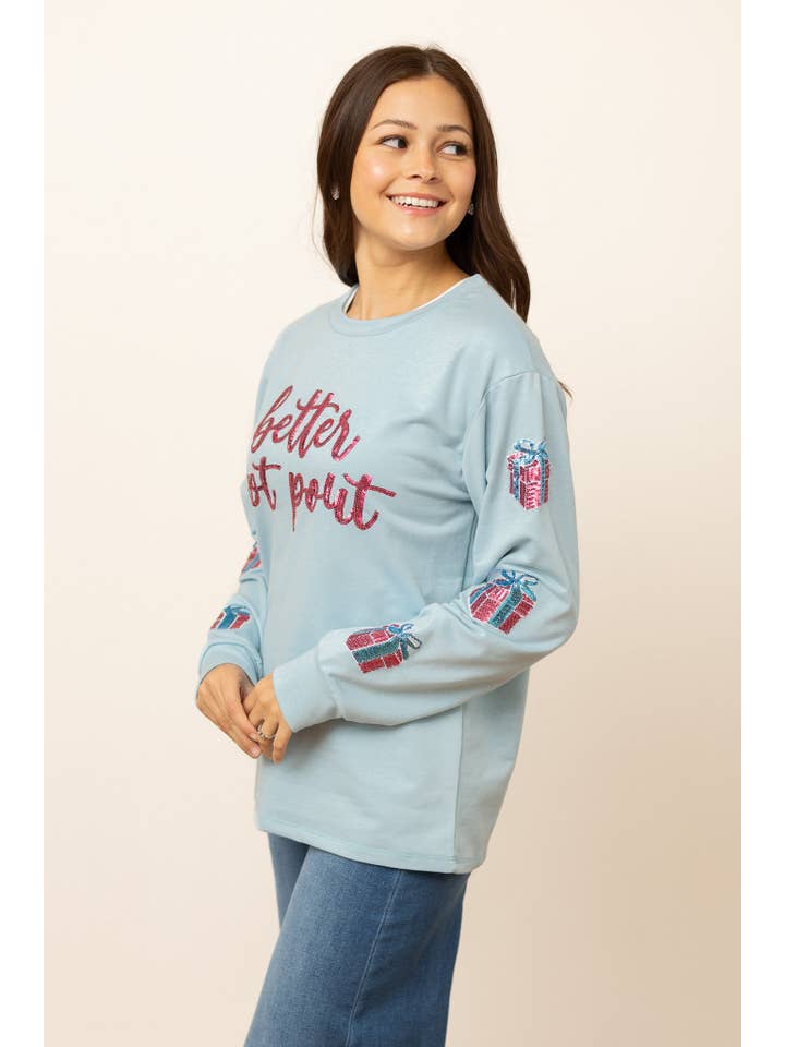 Better not Pout sequins Blue Sweater for wholesale on Faire