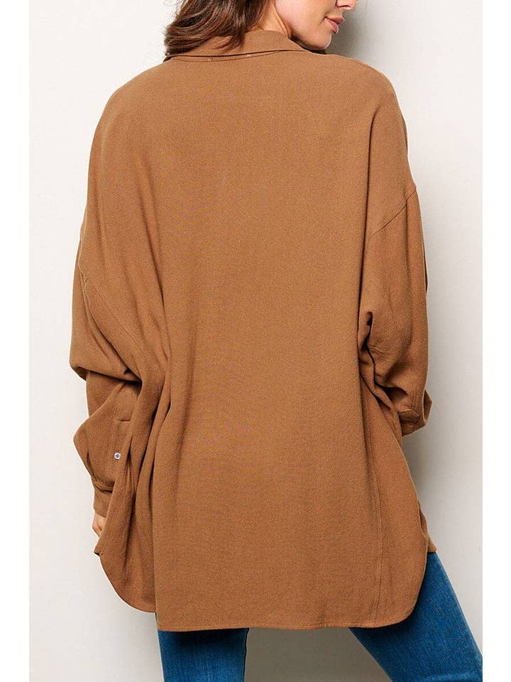 ROUSSEAU - Wholesale Button Down Shirt - Women's - BUTTON UP FRONT POCKETS OVERSIZED SHIRT3