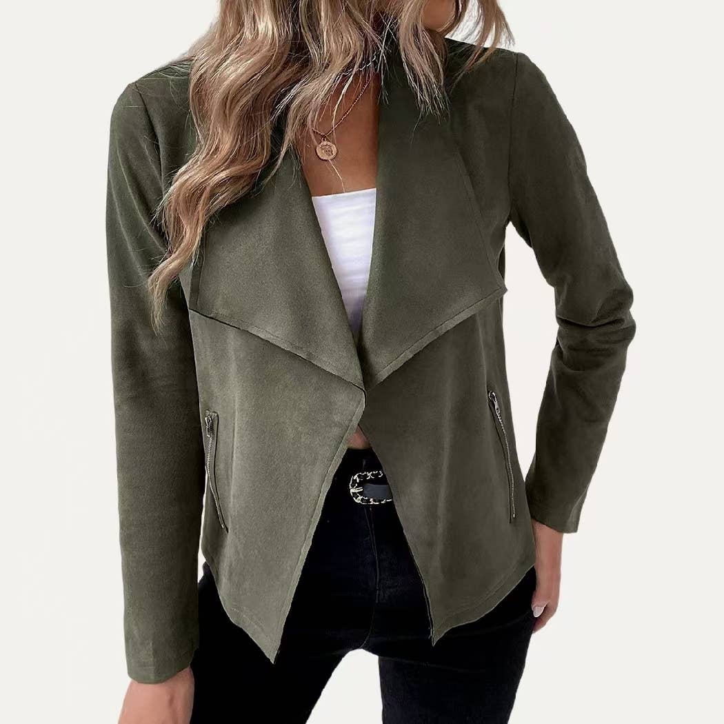 The Moment Collection - Wholesale Jacket - Women's - Stylish Collared Vegan Suede Long Sleeve Jacket5