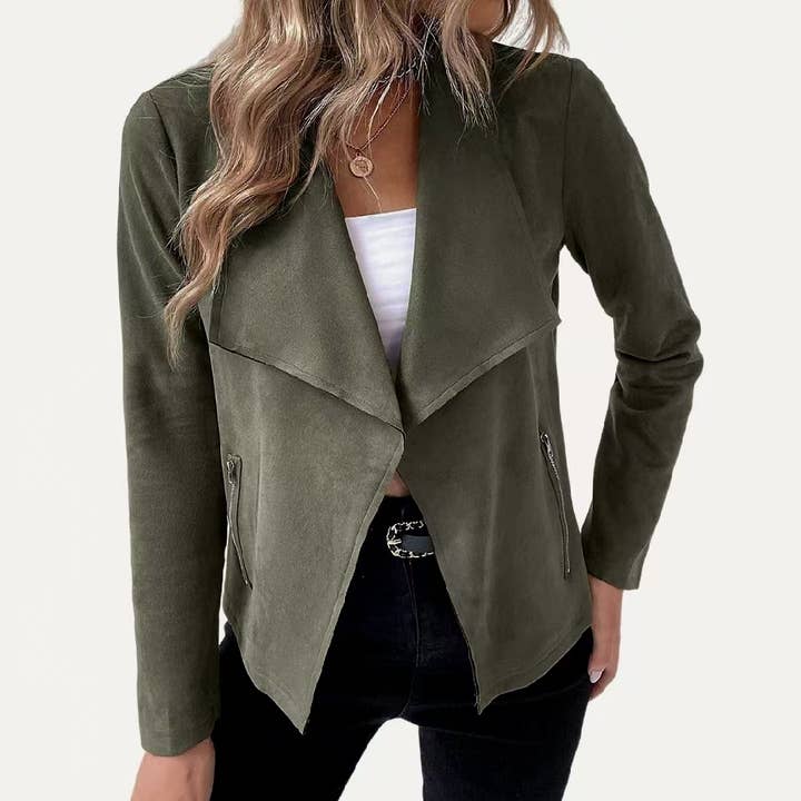 The Moment Collection - Wholesale Jacket - Women's - Stylish Collared Vegan Suede Long Sleeve Jacket5