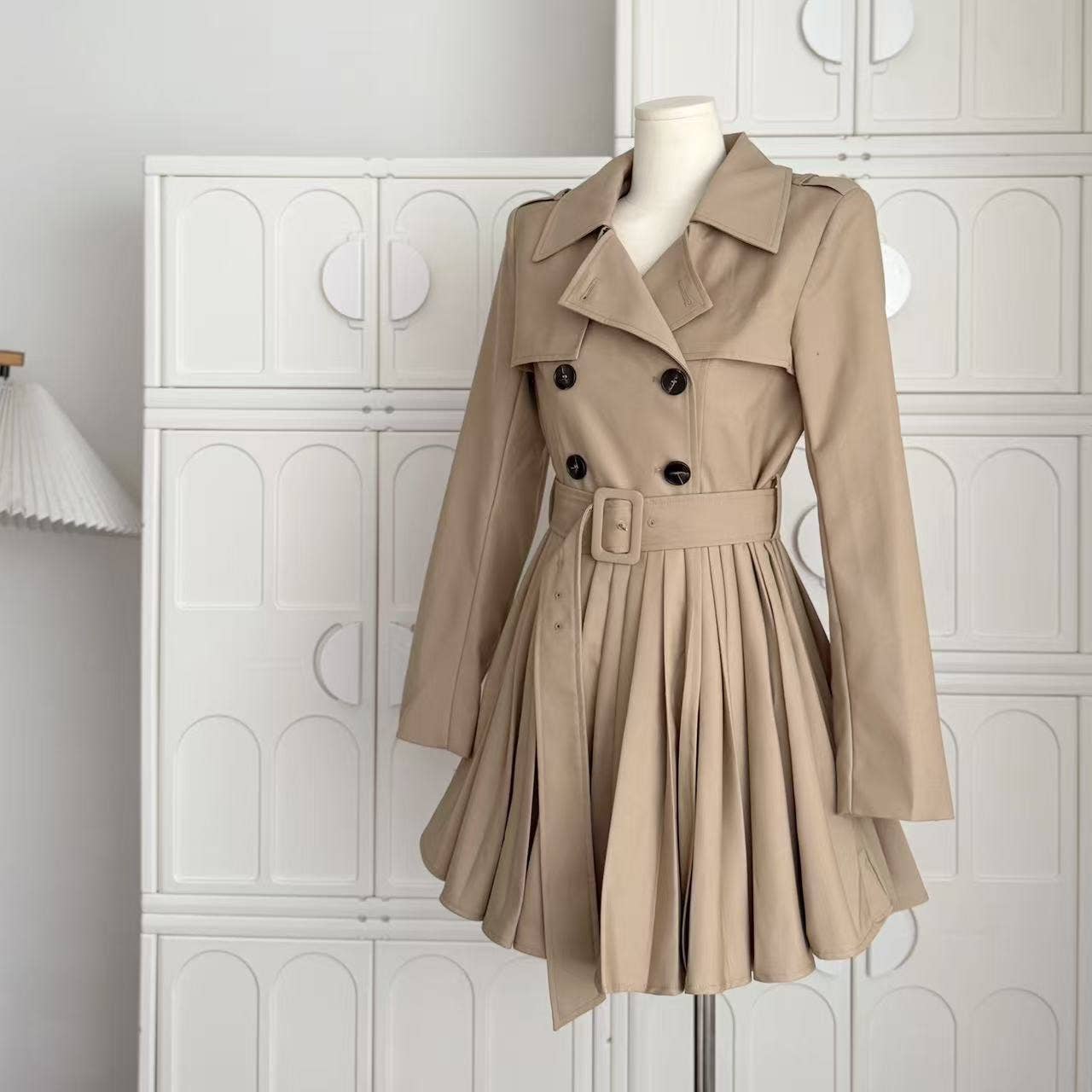 Khaki DR898Y Autumn Pleated Dress with Waist Tie for Women for wholesale on Faire1