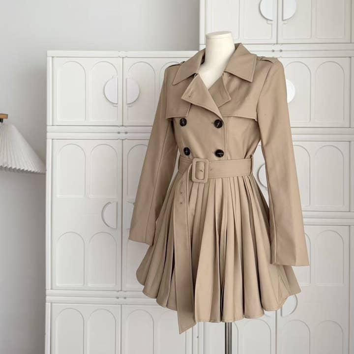 Khaki DR898Y Autumn Pleated Dress with Waist Tie for Women for wholesale on Faire1