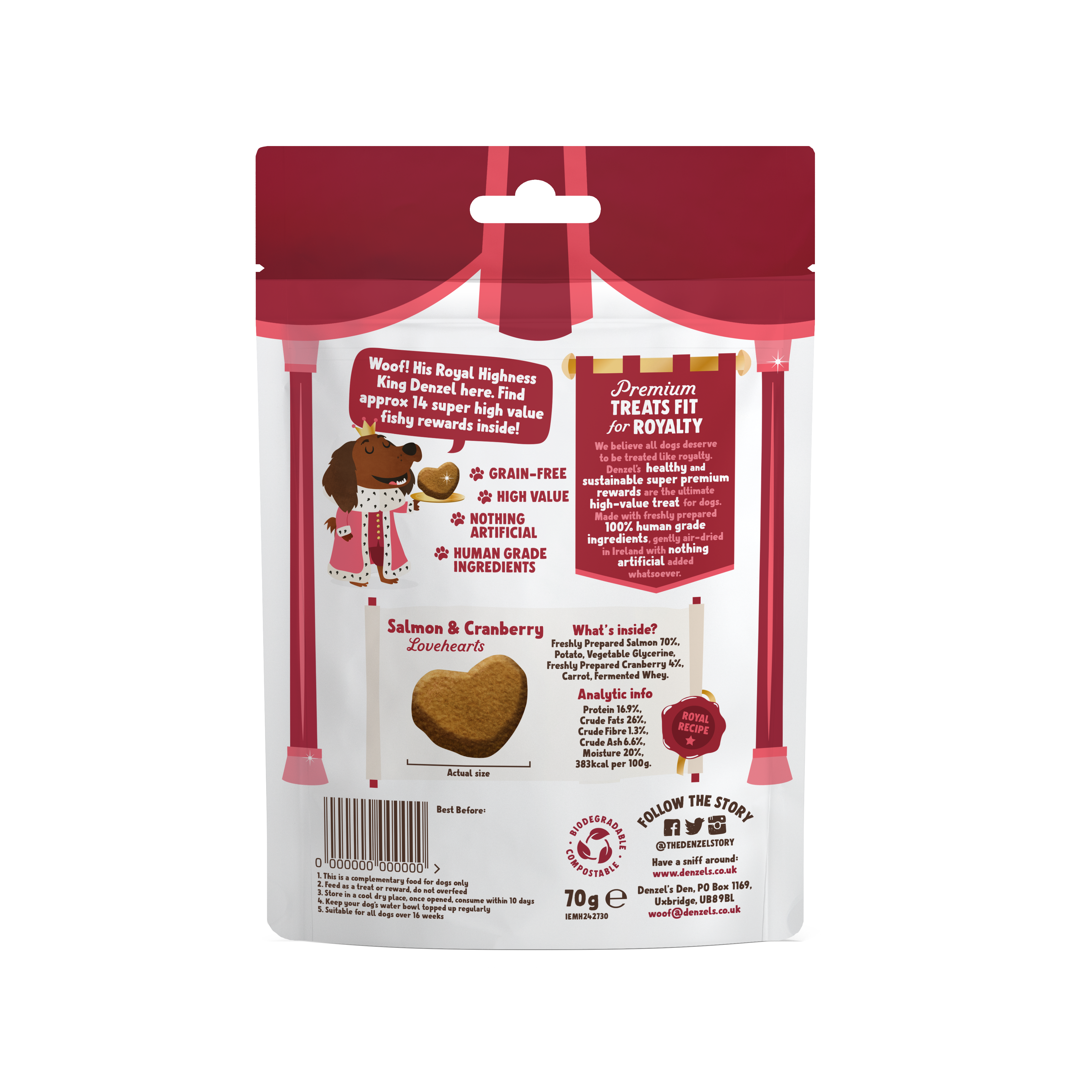 Denzel's - Healthy Dog Treats - Wholesale Pet Treats - Dog - Salmon & Cranberry Love Hearts Rewards 70g (Case of 10)1