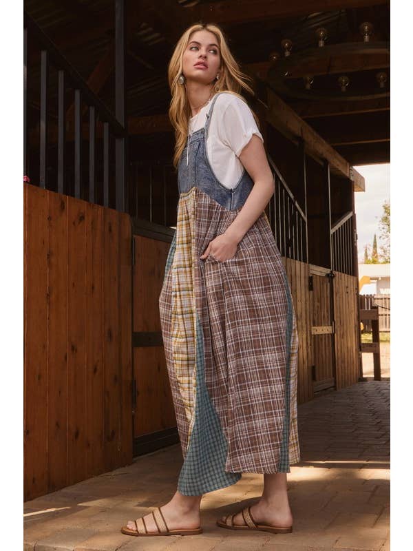 Denim Combo Plus Color Mixed Plaid Overall Maxi Dress for wholesale on Faire