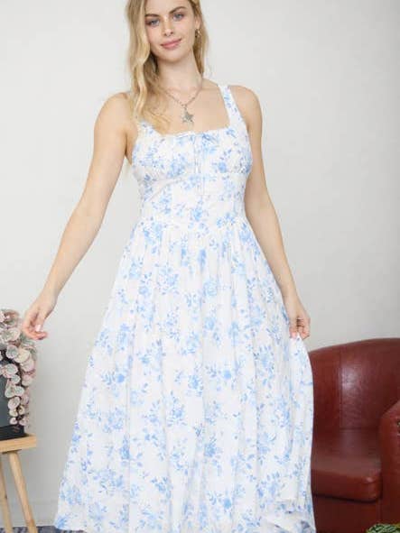 FLORAL PATTERN FRONT TIE CORSET MIDI DRESS for wholesale by MINE