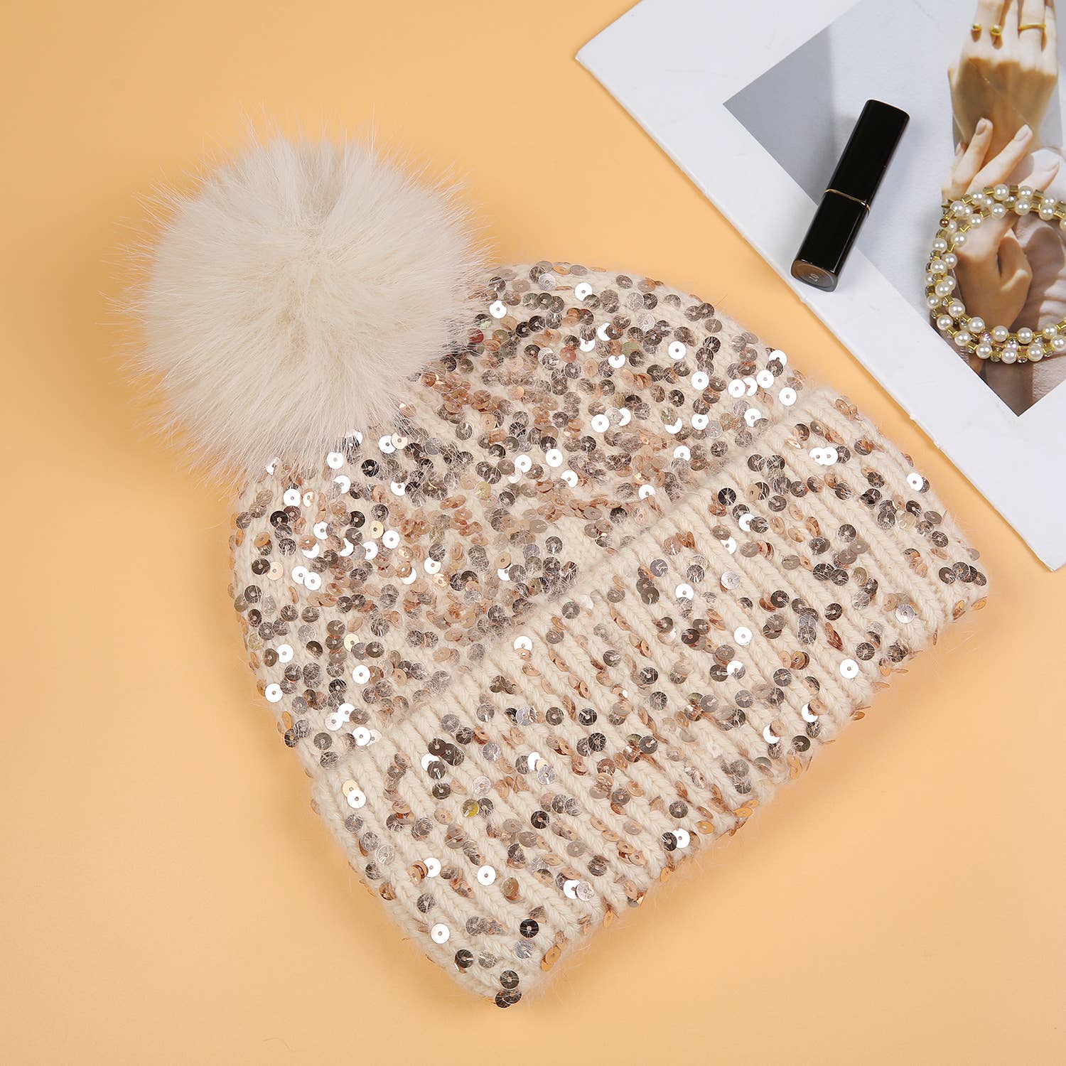 PEACH ACCESSORIES – wholesale Winter accessory set – women's – Sequins Pompom Hat and Gloves Set SD117-14