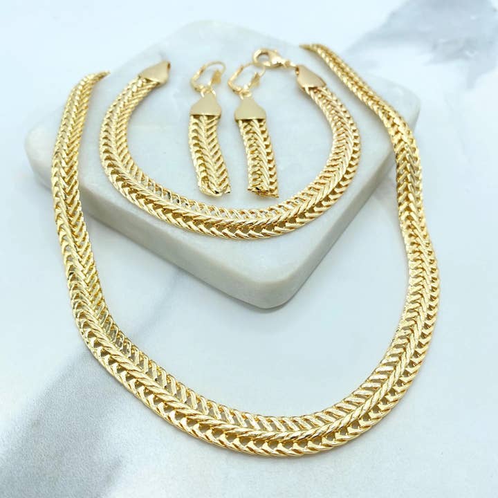 Luxus Accessories - Wholesale Jewelry Set - 18k Gold Filled Herringbone Chain Jewelry Set, Necklace Bracelet and Earrings, Flat Polished Gold Design8