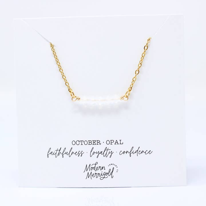 October Opal Birthstone Bar Necklace for wholesale by Modern Merrigold Jewelry Co