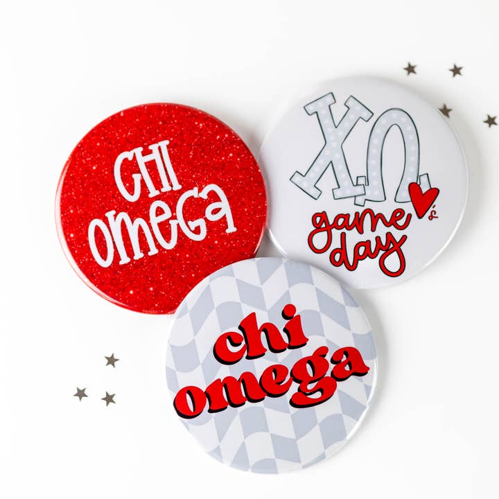 Botones griegos de día de juego de la hermandad Chi Omega roja para venta al por mayor de Tailgated Co.