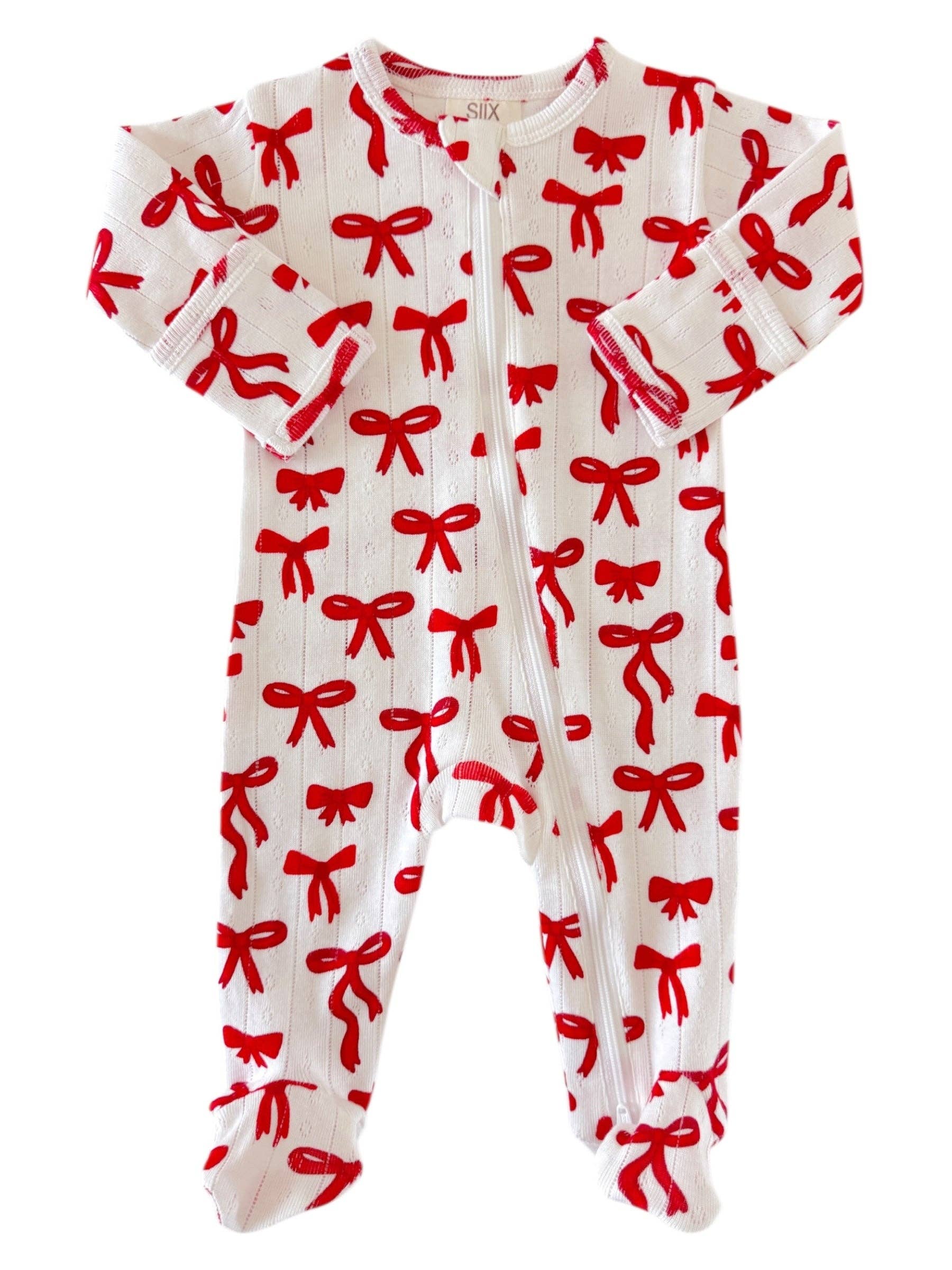 SIIX Collection - Wholesale Jumpsuit - Baby - Red Bows / Organic Pointelle 2-Way Zip Footie1