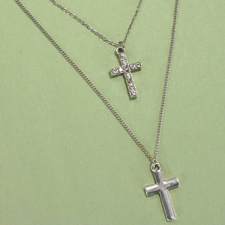Silver MULTI LAYER DOUBLE CROSS RHINESTONE NECKLACE | 80N1056 for wholesale on Faire