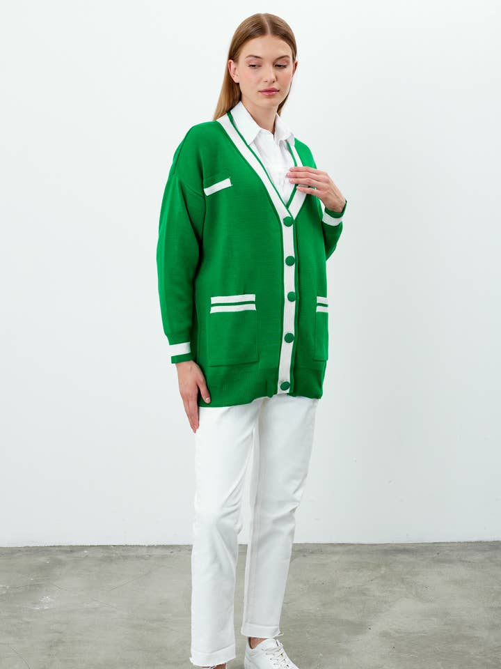 Women's Mid-Length Modest Knit Cardigan Stripe Detailed Knit for wholesale by VAV NEW YORK