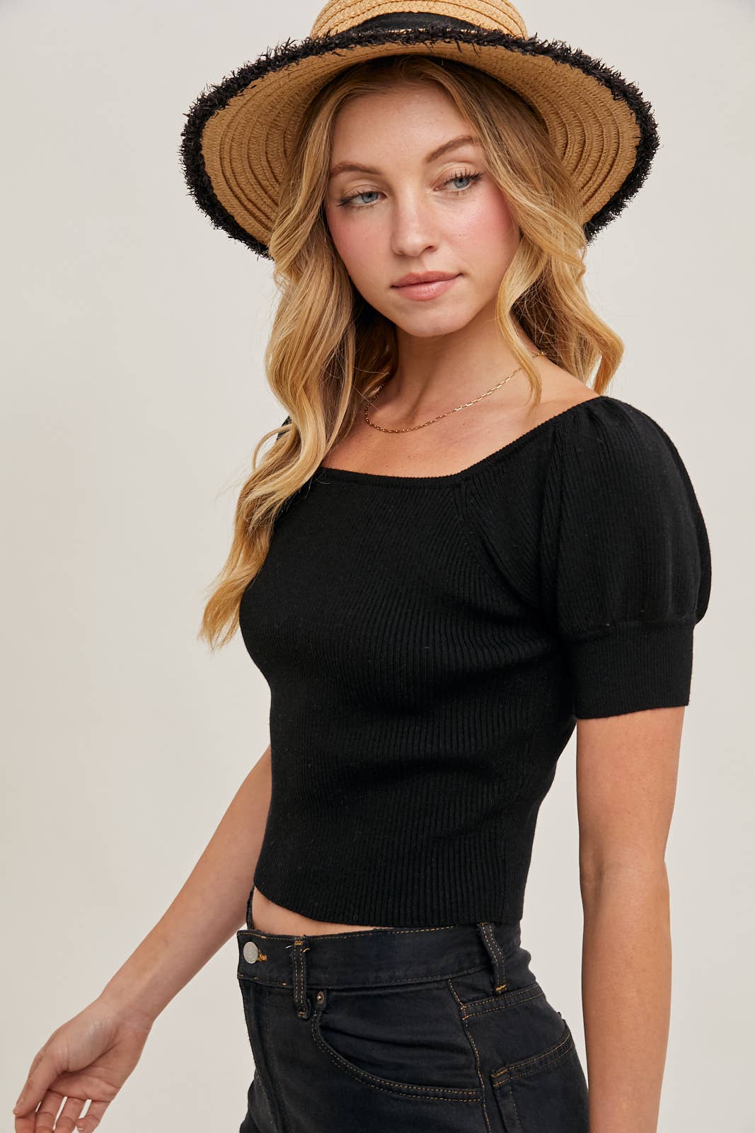 Peace Love Line - Wholesale Knit Top - Women's - PL6267 - SQAURE NECK PUFF SLEEVED KNIT TOP2