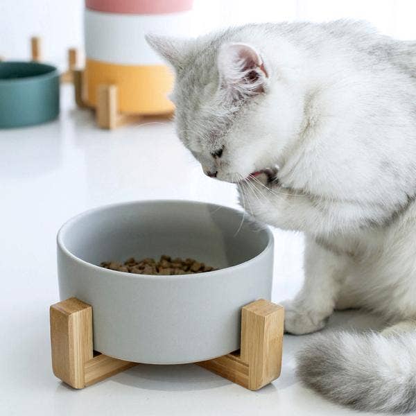Ceramic Pet Bowls With Wooden Stand - Gray for wholesale on Faire1