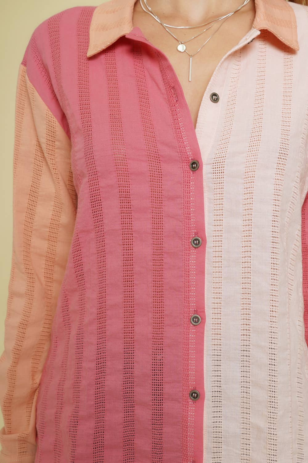 Berry Peach 55950 Color Block Button Down Shirt for wholesale on Faire1