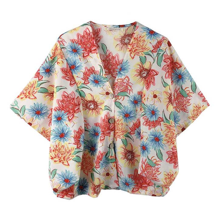 Sensibling Corp. – Großhandel Kimono – Damen – Kimono-Poncho mit Blumendruck und Knopfleiste